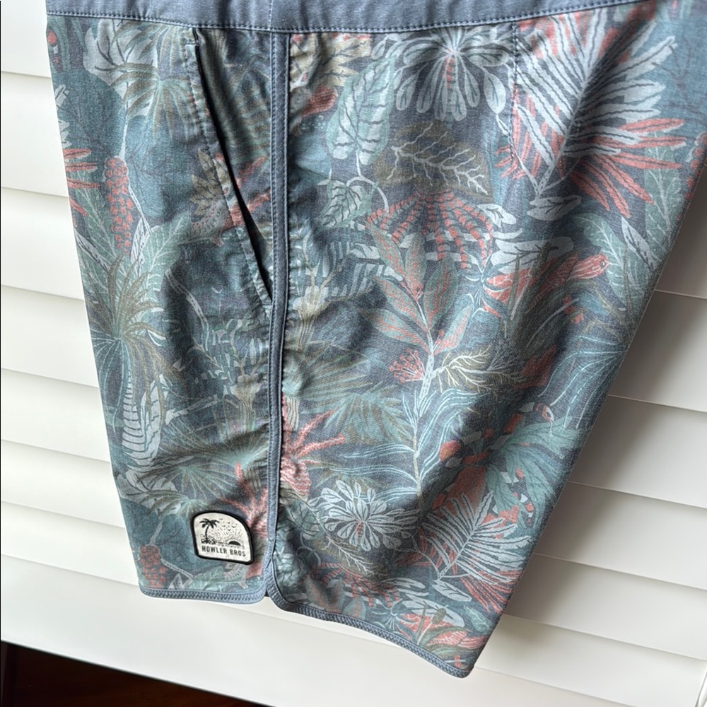 Howler Brothers Blue and Gray Board Shorts with Tropical Design